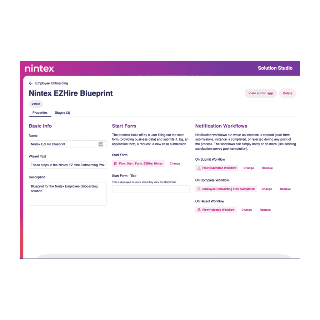 Screenshot of a web page titled Nintex EZHire Blueprint showing employee onboarding workflow settings with sections for basic info, start form, and notification workflows on a white background with a pink Nintex header.